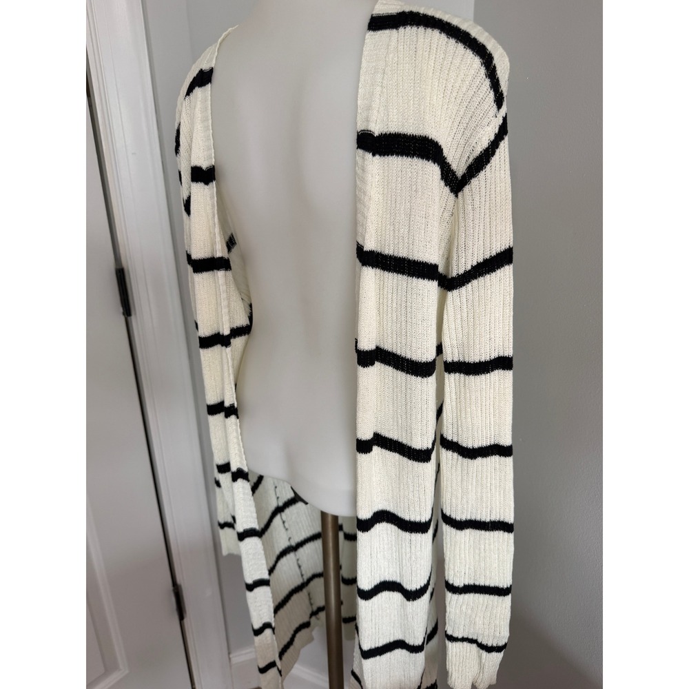 Doe & Rae Womens Striped Duster Cardigan Cream Black Open Front Ribbed Knit M - Picture 3 of 11